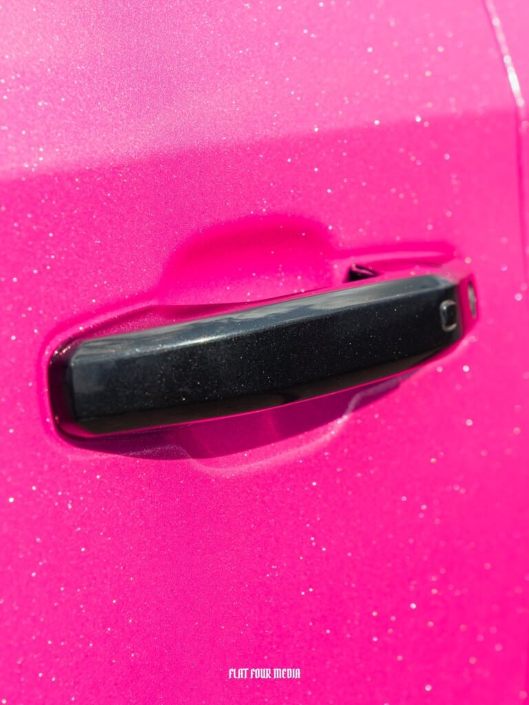 Door cups with pink wrap and sparkly white specks, paint protection detail, Michigan