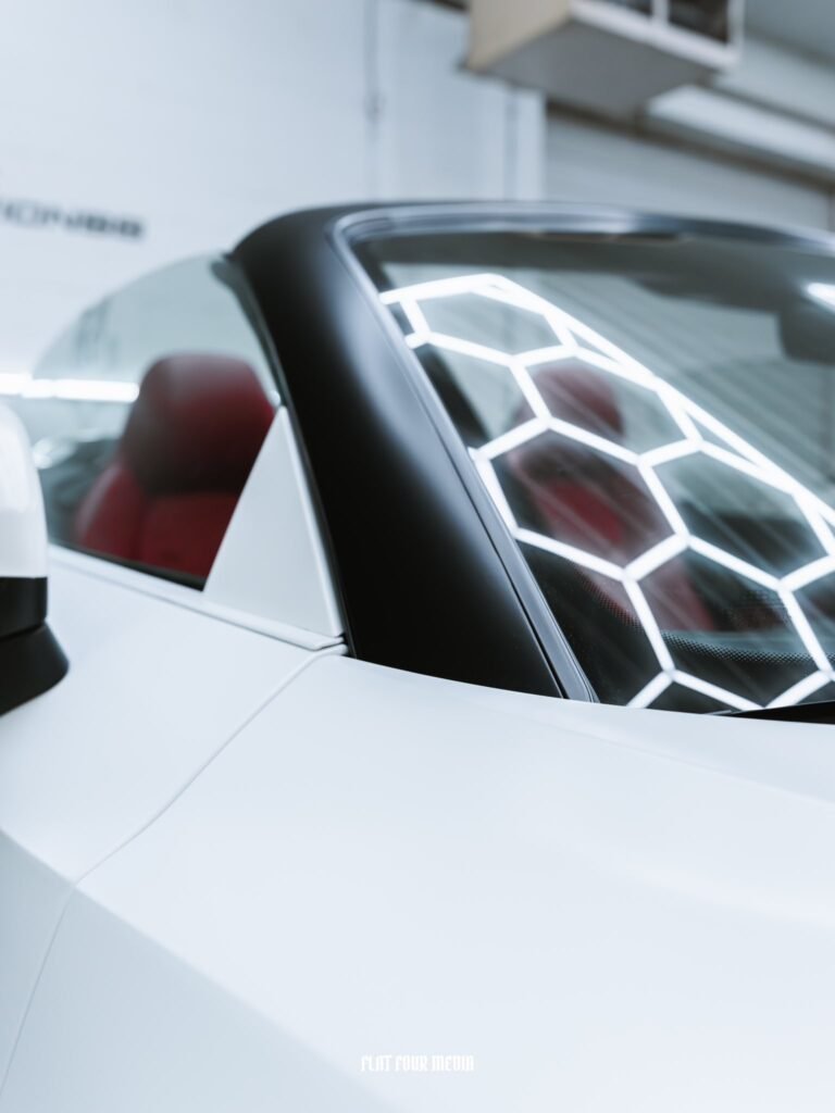 White Audi R8 Vinyl Car Wrap close up, smooth panel and clean edge, Michigan
